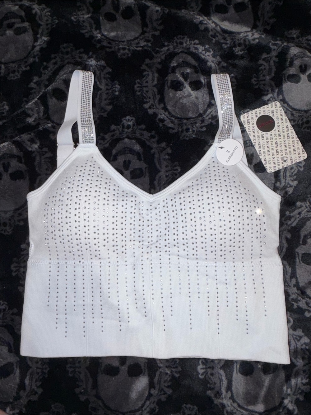 Rhinestone-Embellished White Bralette Tank